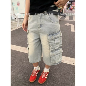 W9739-P63 网图现货 多口袋水洗五分牛仔短裤美式宽松工装七分裤图片