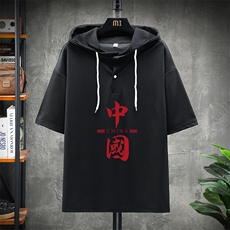 LD54198-P45连帽短袖t恤男大码胖子带帽五分袖中袖展架，男装T恤，电商A040A