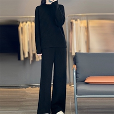 2025秋冬百搭时尚简约圆领长袖长裤针织衫套装，女装套装/套裙，暖思雅