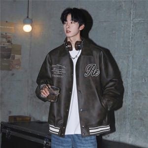 美式机车 高街翻领皮衣中性绣花PU夹克棒球服外套男 H1006 P118图片