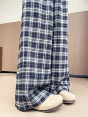 格子休闲阔腿裤秋冬2025新款复古高腰垂感系带慵懒风直筒裤，女装休闲裤，云美莎专业女裤-全店现货