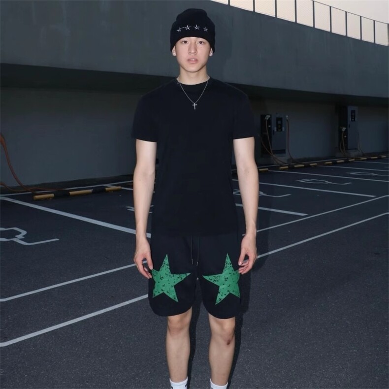 美式高街五角星短裤子女夏季薄款宽松休闲运动阔腿五分中裤潮ins,男装牛仔裤,星座1210-1