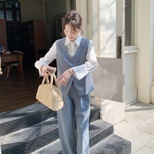 新款蓝色西装马甲衬衫阔腿裤三件套5544P205K328，女装套装/套裙，2C176