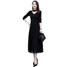 2023秋季长袖长裙蕾丝拼接纱网纯色通勤圆领淑女连衣裙，女装连衣裙，安之芮娜