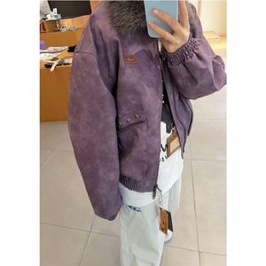 美式复古皮衣夹克女秋冬季可拆卸毛领紫色外套宽松休闲高级感上衣图片