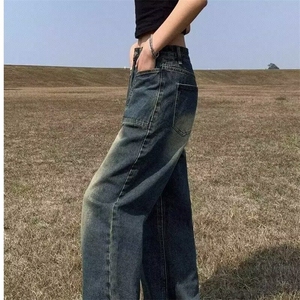 美式高街复古做旧蓝色多口袋设计感牛仔裤男女宽松直筒阔腿裤图片