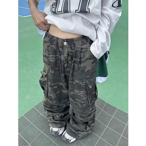 美式街头男女做旧水洗多口袋迷彩工装裤宽松直筒阔腿休闲裤图片