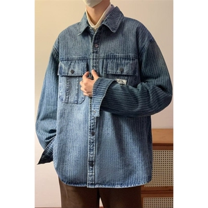 春季美式潮水洗牛仔衬衫男宽松休闲百搭vintage做旧痞帅潮牌外套图片