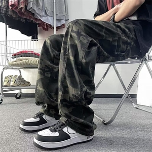 迷彩工装裤男款春季潮牌美式直筒休闲裤子潮流宽松阔腿裤1810P48,长款大摆风衣怎么搭配图片