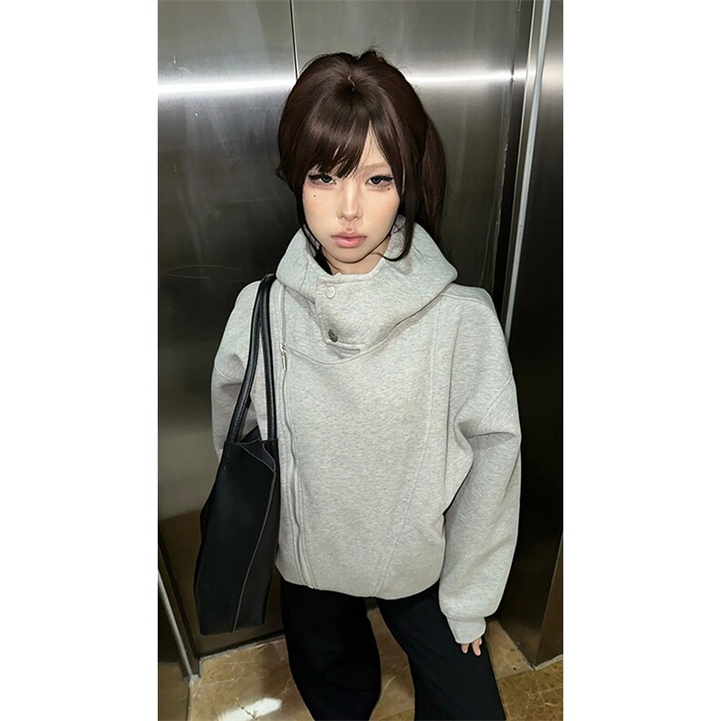 抖音得物品质26春装美式重磅结构斜拉链高领连帽卫衣开衫外套W61,女装短外套,电商A486-1