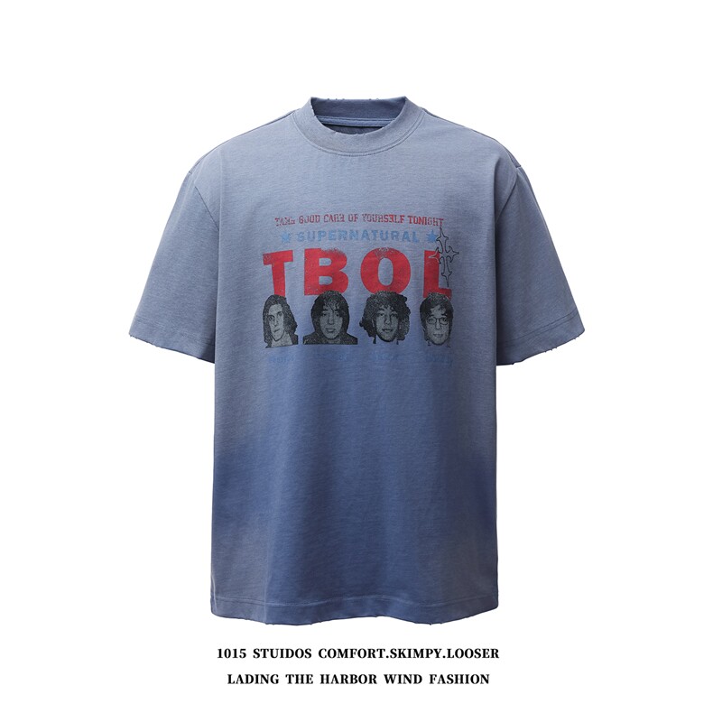 2026春夏新款重磅水洗做旧宽松圆领短袖T恤1015-T611-P65，男装T恤，四季星座1015