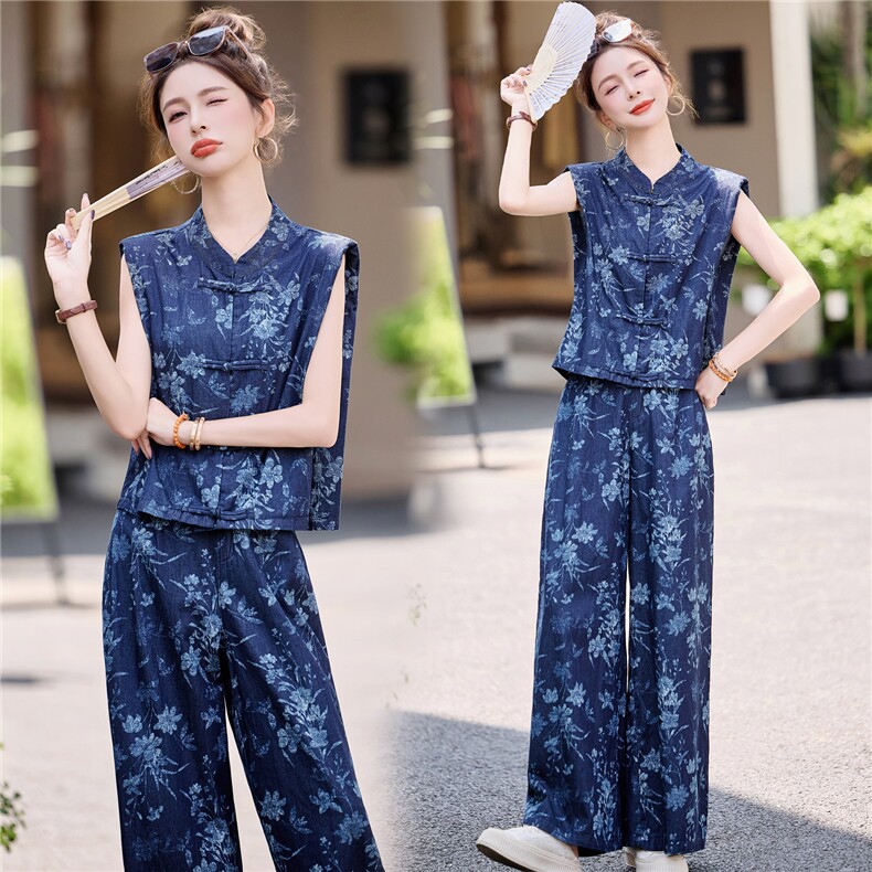 新中式国风印花套装女2025夏季新款时尚盘扣无袖上衣阔腿裤两件套，女装套装/套裙，韩宇舍