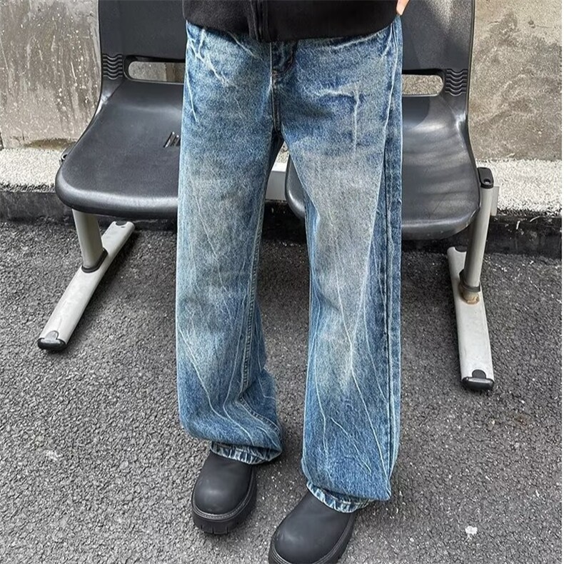 美式复古闪电裂纹牛仔裤水洗做旧vibe高街潮牌阔腿直筒裤时尚/800,男装休闲裤,星座506