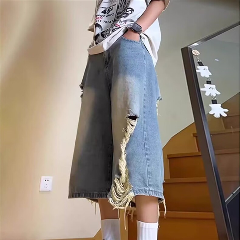 复古水洗做旧破洞磨毛七分牛仔短裤夏季男女宽松阔腿百搭休闲中裤,男装牛仔裤,星座506A