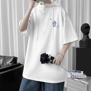 LD54262-P45 连帽短袖t恤男大码胖子带帽五分袖中袖图片