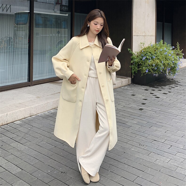 现货新款秒发纯手工缝制订钻宽松休闲双面羊毛呢大衣,女装毛呢外套,丝露怡语