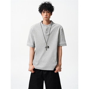 8XL-M 肌理感竖条纹亨利领短袖T恤男cleanfit老钱风夏季上衣DX346图片