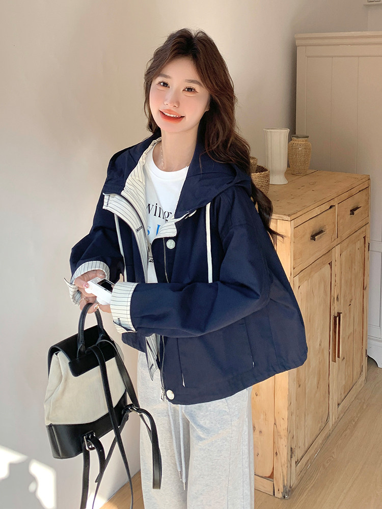 韩版设计感条纹拼接廓形短外套女2025春新款休闲气质减龄连帽上衣,女装风衣,浙宝285（原212）