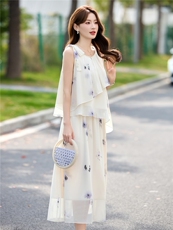 DLM8661白色花朵印花套装女夏无袖上衣半身裙两件套，女装套装/套裙，朵莱米