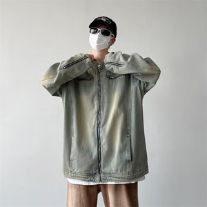 美式高街复古水洗做旧牛仔外套男春秋新款炸街宽松休闲工装夹克潮图片