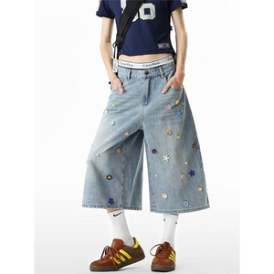 彩色纽扣牛仔七分裤女男2025夏季bf街头水洗宽松休闲直筒阔腿中裤图片