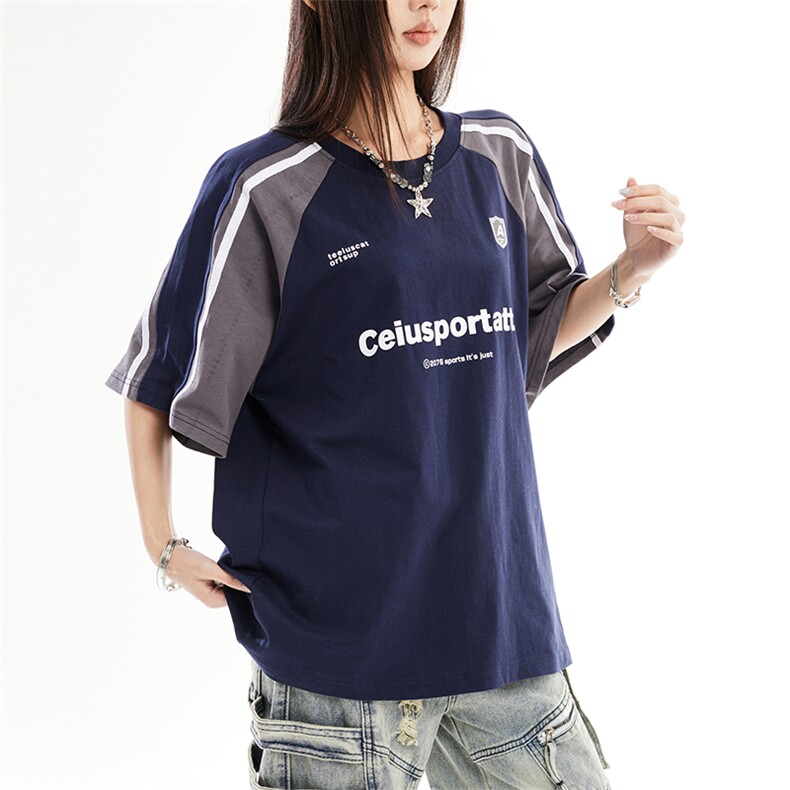 拼接撞色短袖夏季学院风男运动T恤美式复古情侣正肩半袖YD274-P45，女装T恤，星座509