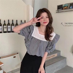韩版格子短袖图片
