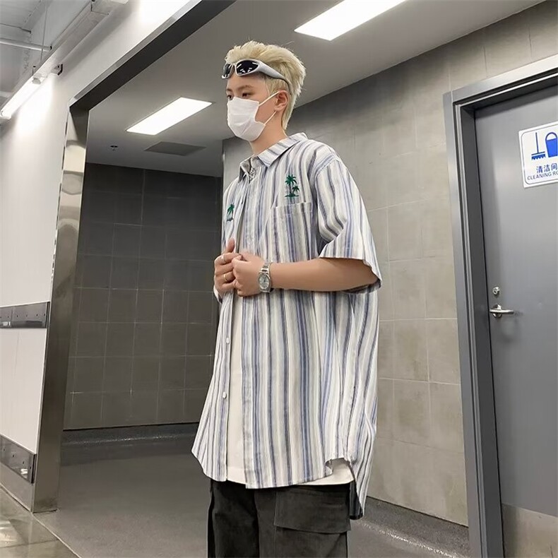 日系刺绣短袖衬衫夏季情侣款竖条纹宽松休闲衬衣男女同款上衣,男装衬衫,星座1013