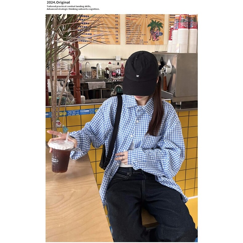 夏日韩版格子蓝色衬衫女宽松男友风衬衣宽松显瘦防晒开衫垂感外套,男装防晒衣,星座1210-1