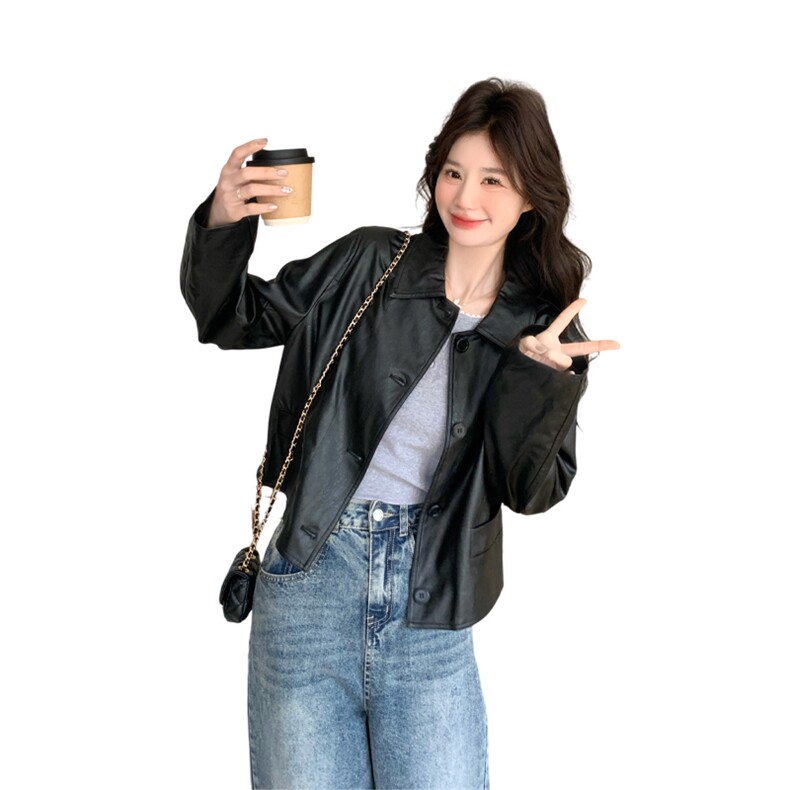 甜酷复古PU皮衣外套女2025早春新款黑色小翻领蛋白皮小个子上衣,女装皮衣,浙宝285（原212）
