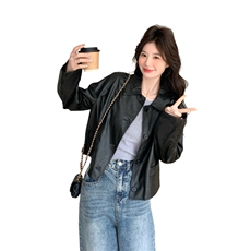 甜酷复古PU皮衣外套女2025早春新款黑色小翻领蛋白皮小个子上衣，女装皮衣，浙宝285（原212）