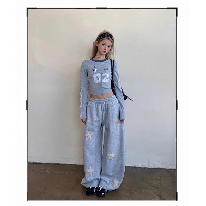 美式复古休闲星星刺绣阔腿裤女灰色抽绳长裤宽松运动裤潮，女装休闲裤，星座506A
