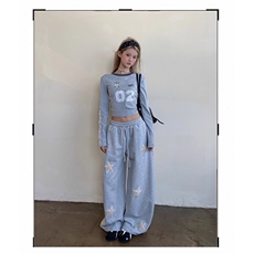 美式复古休闲星星刺绣阔腿裤女灰色抽绳长裤宽松运动裤潮，女装休闲裤，星座506A