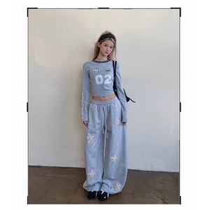美式复古休闲星星刺绣阔腿裤女灰色抽绳长裤宽松运动裤潮,休闲裤,星座506A