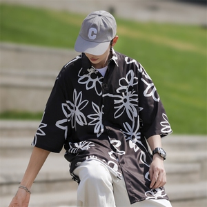 2025夏装花朵印花短袖冰丝衬衫男潮流休闲衬衣 C309P35图片