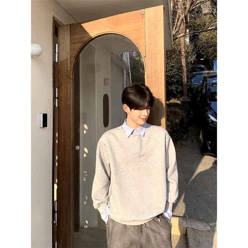 抖音得物高品质26春装美式高街假两件衬衫领长袖卫衣POLO领打底衫,男装T恤,电商A486