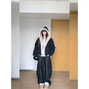 现货高品质美式高街冬季重磅硬挺短款座山雕毛领棉衣男女加厚外套图片
