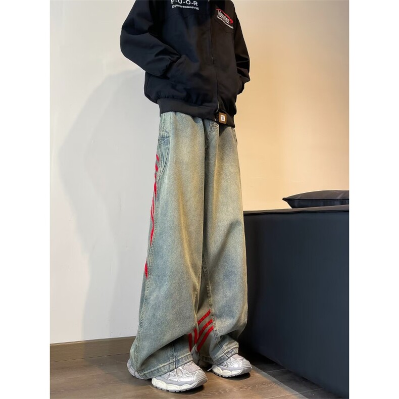 复古阔腿牛仔裤男直筒宽松美式高街vibe设计感秋季水洗N144,男装牛仔裤,星座1116A-1（原606A）