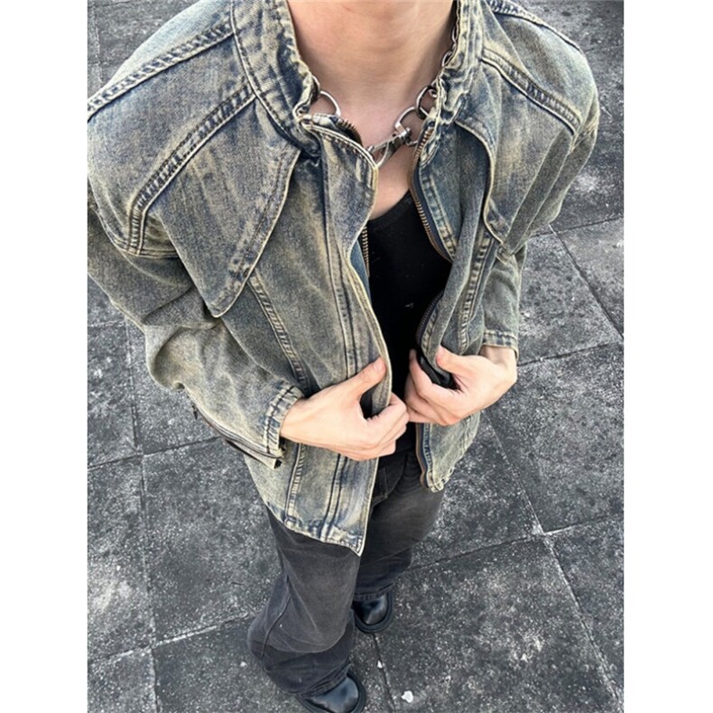 复古解构毛边水洗牛仔外套男士街头拉链立领机车夹克短款JB05,男装工装外套,星座1116A（原606A-3）