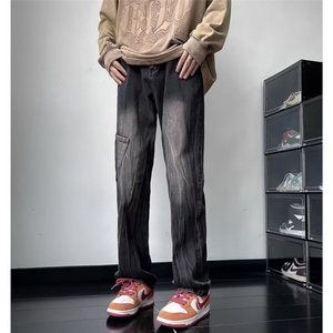 拉链牛仔裤男春秋美式复古做旧微喇裤子拼接设计感直筒裤NZA221图片