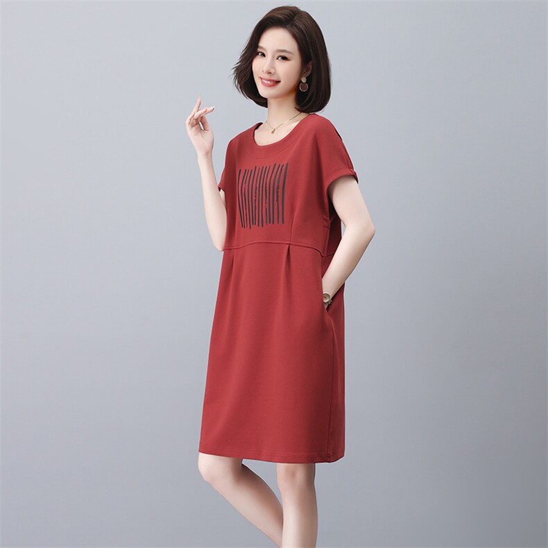 夏装短袖休闲宽松连衣裙女2023新款时尚妈妈装显瘦遮肚长款T恤裙,女装连衣裙,忆绮罗