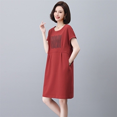 夏装短袖休闲宽松连衣裙女2023新款时尚妈妈装显瘦遮肚长款T恤裙，女装连衣裙，忆绮罗