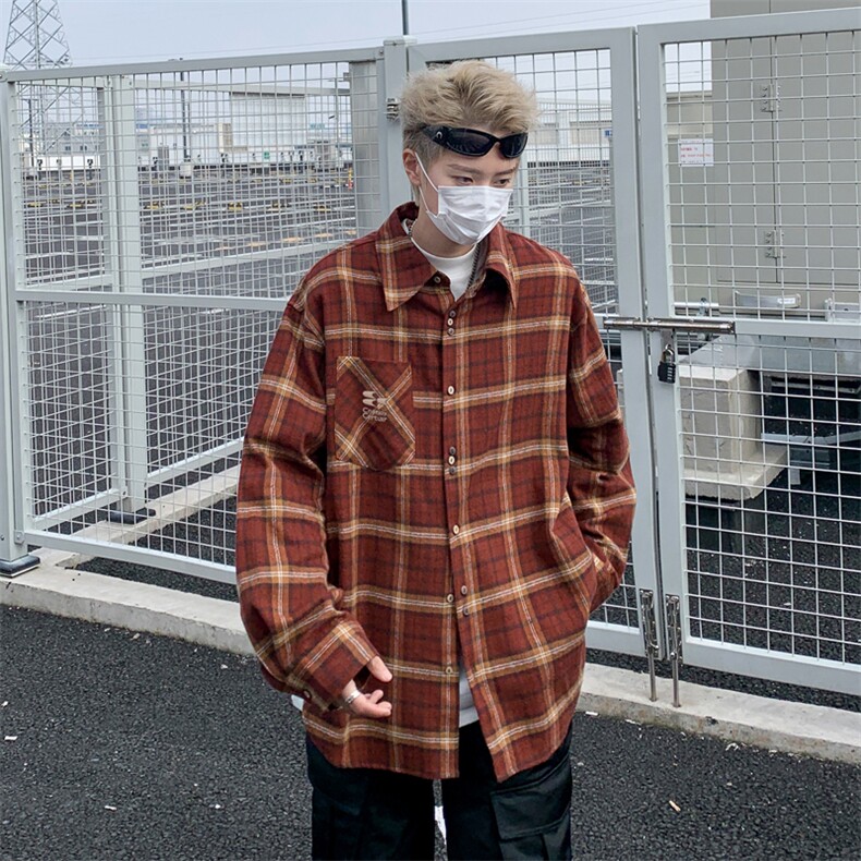 美式oversize宽松衬衣2024春季新款格子长袖衬衫男现货W8146-P45,男装衬衫,星座512-4