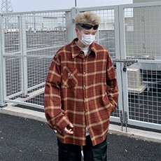 美式oversize宽松衬衣2024春季新款格子长袖衬衫男现货W8146-P45，男装衬衫，星座512-4