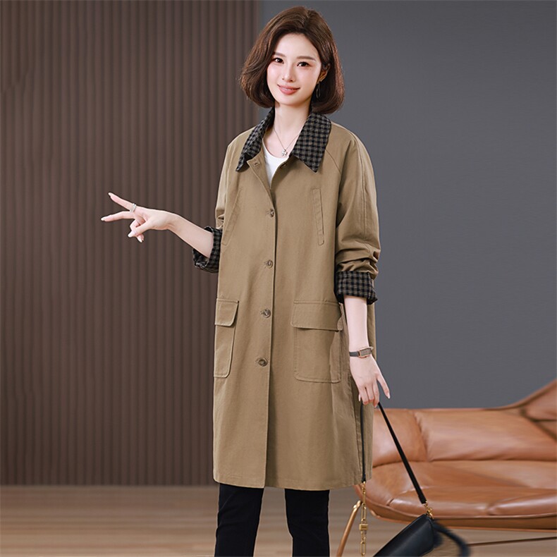艺诗2025年风衣外套女春秋中长款长袖方领撞色单排扣口袋风衣，女装风衣，希欧阁
