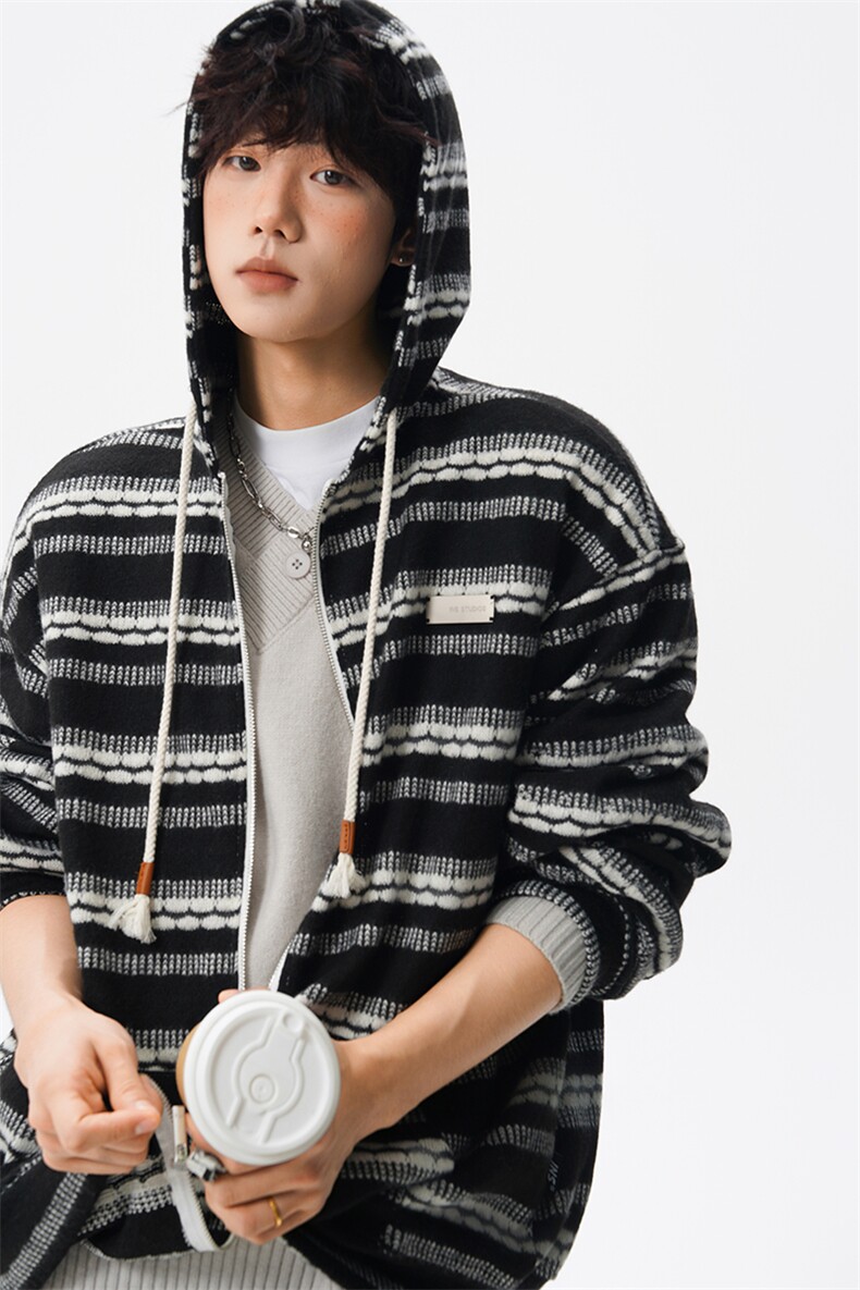 8XL-M潮情侣美式磨毛编织条纹针织衫卫衣宽松拉链外套WY30P88,男装针织衫/毛衣,电商D206-1
