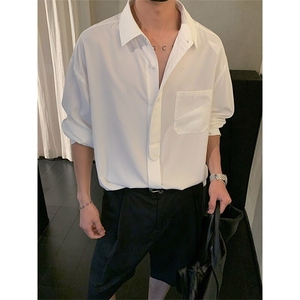 假领带纯色冰感长袖衬衫男夏季潮牌宽松透气防晒通勤休闲衬衣外套