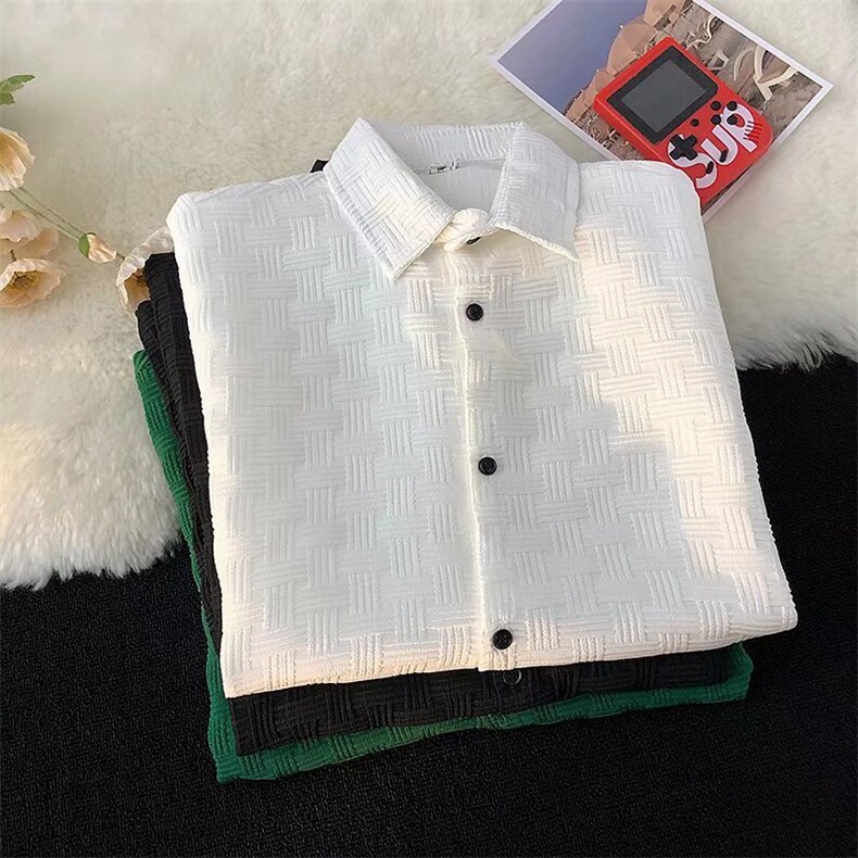港风纯色波浪纹短袖衬衫男夏装潮宽松休闲衬衣华夫格衬衫C86P36,男装衬衫,星座1116-2