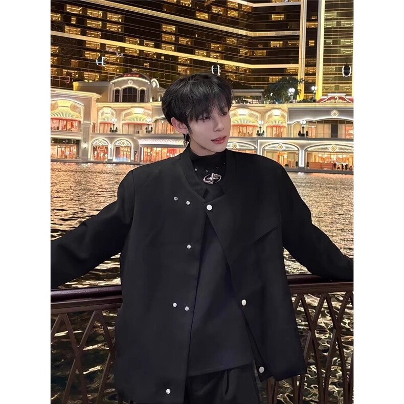 新中式黑色廓形西服夹克男春秋季潮痞帅小众宽松西装外套-XY350，男装西服，星座601-1