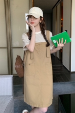 休闲气质卡其色背带裙连衣裙女夏2025新款小个子学院风时尚超好看，女装套装/套裙，2C053
